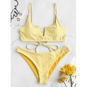 NWT ZAFUL Two Piece V Wired Striped Bikini Swimsuit, Size 4